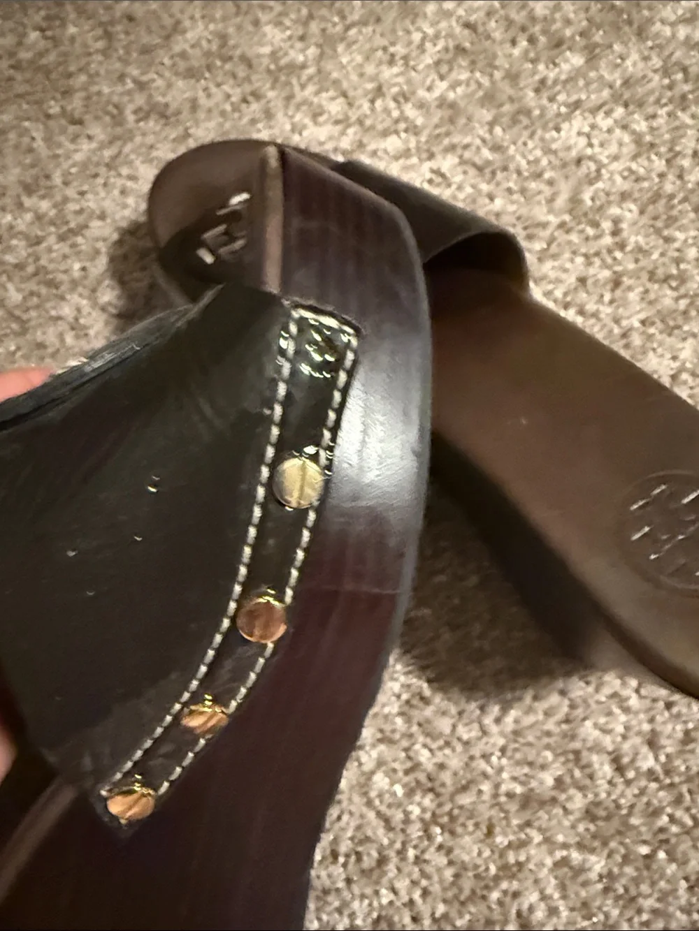 Tory Burch Dark Brown Patent Leather Logo Slide Mules